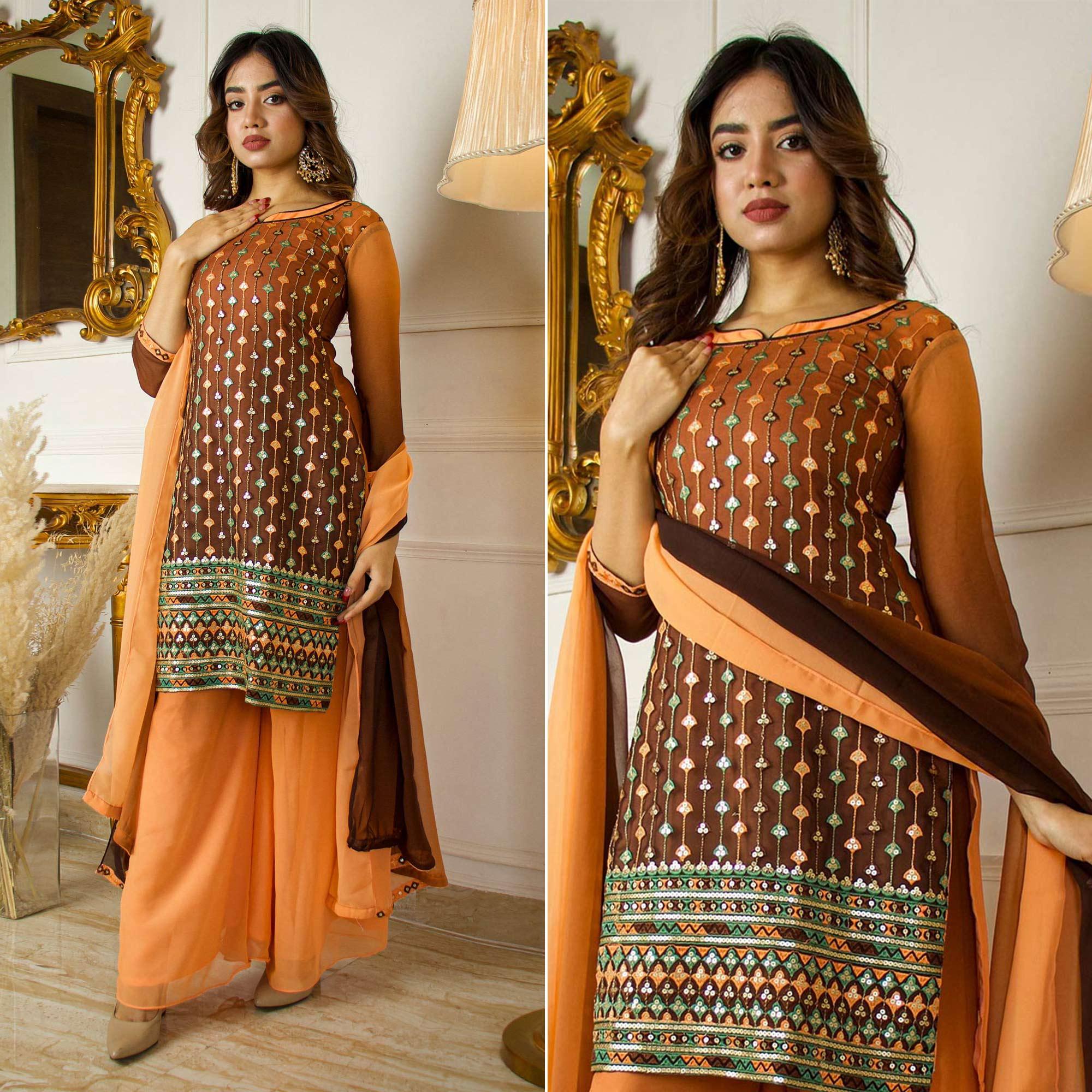 Brown Partywear Sequence Embroidered Georgette Palazzo Suit With Dupatta - Peachmode