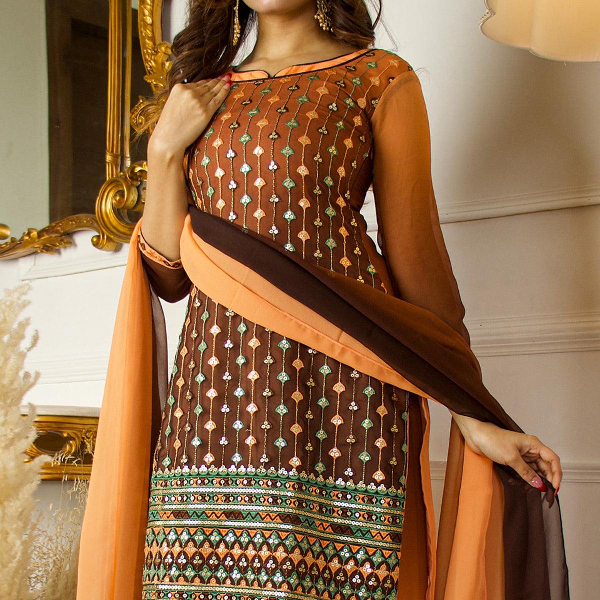Brown Partywear Sequence Embroidered Georgette Palazzo Suit With Dupatta - Peachmode