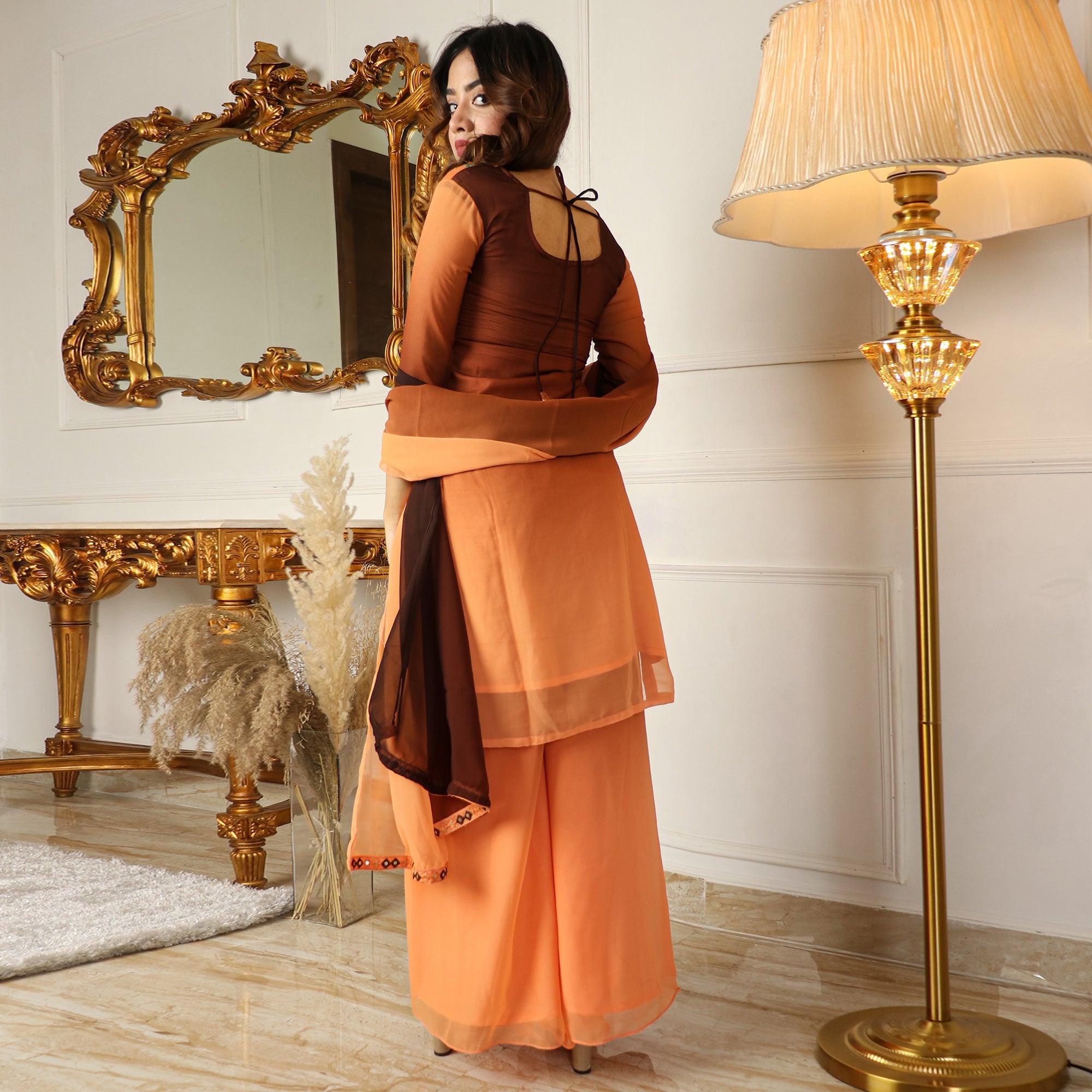 Brown Partywear Sequence Embroidered Georgette Palazzo Suit With Dupatta - Peachmode