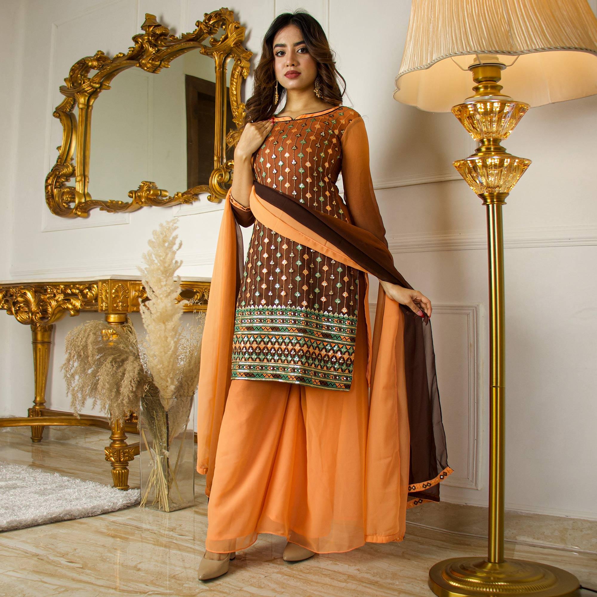 Brown Partywear Sequence Embroidered Georgette Palazzo Suit With Dupatta - Peachmode