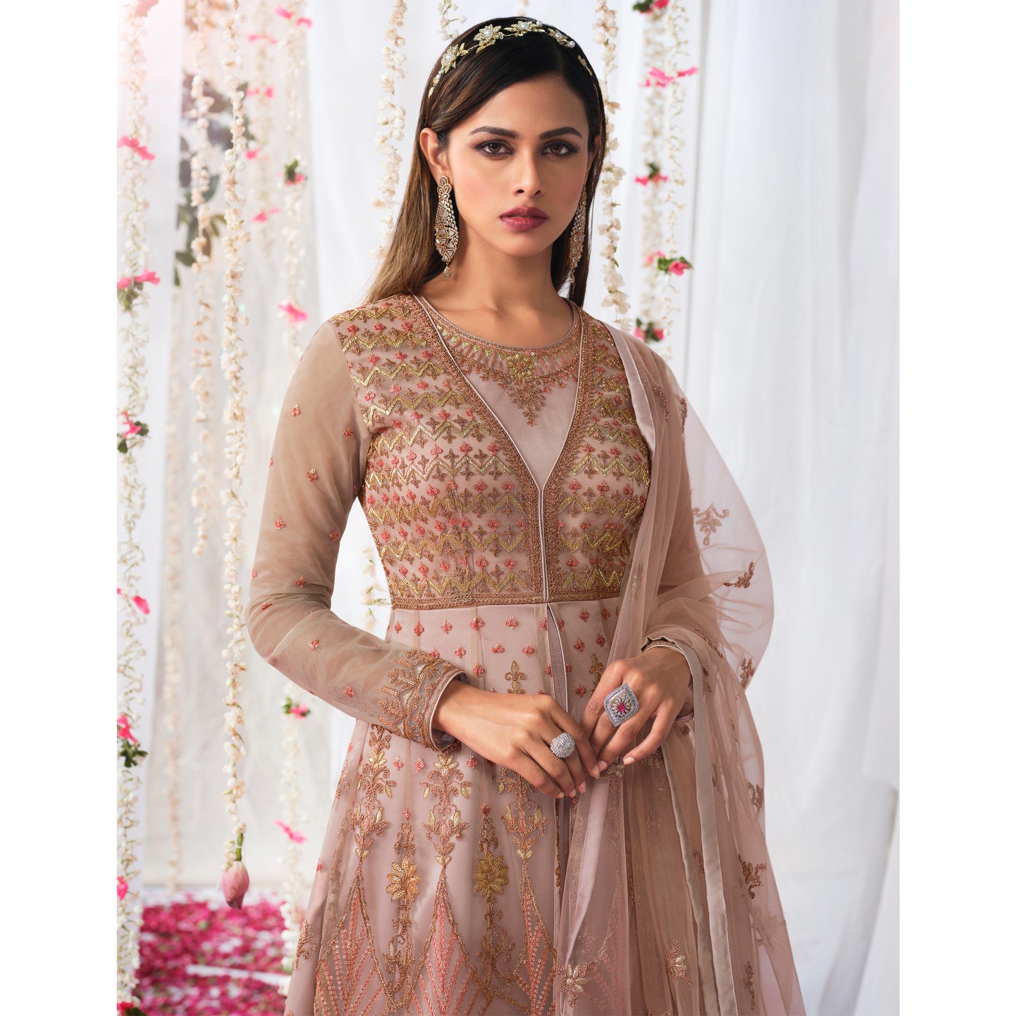 Brown Partywear Sequence Embroidered Net Gown - Peachmode