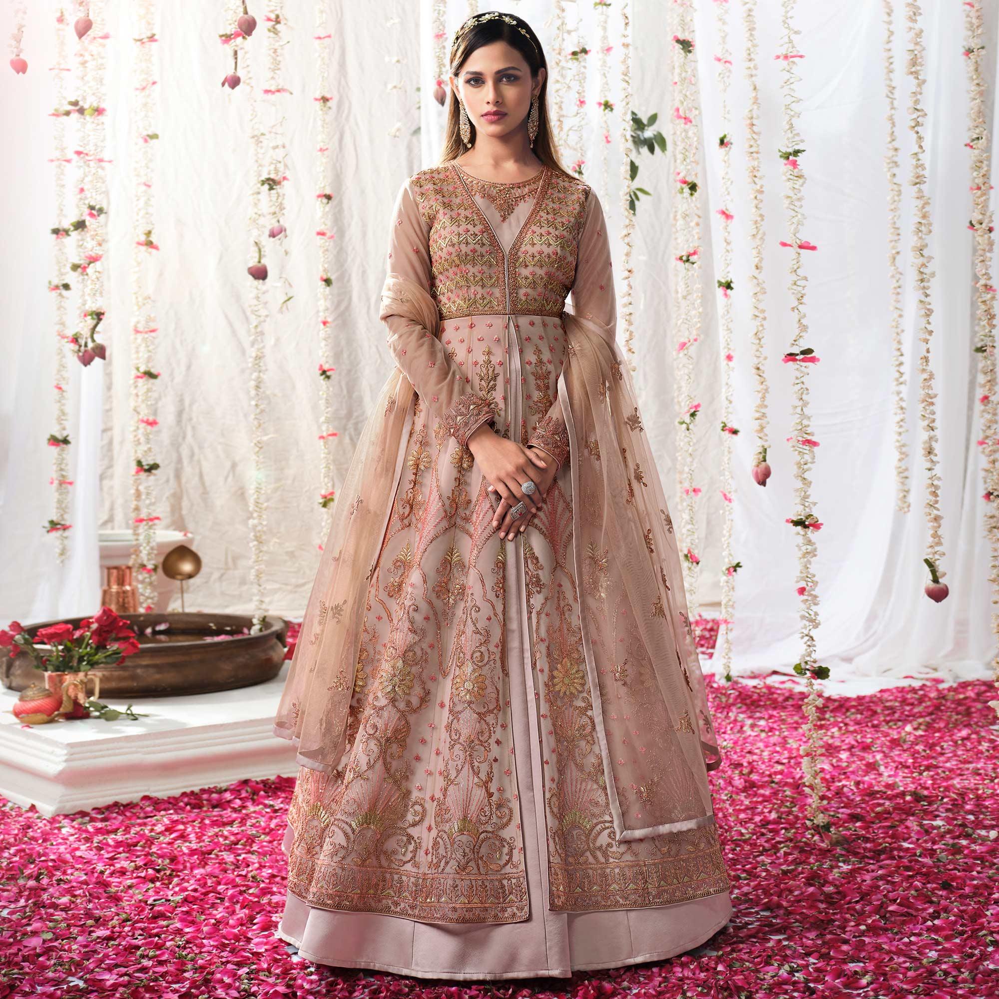 Brown Partywear Sequence Embroidered Net Gown - Peachmode