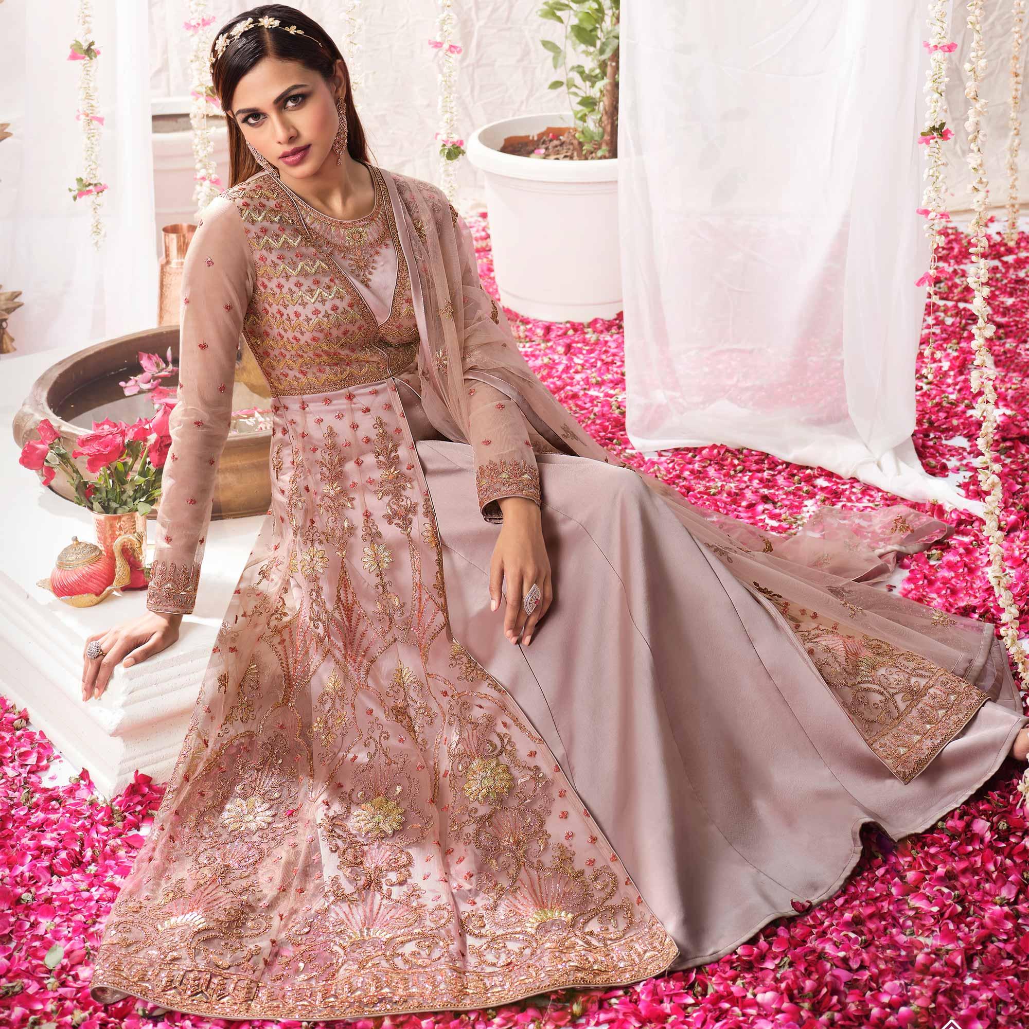 Brown Partywear Sequence Embroidered Net Gown - Peachmode