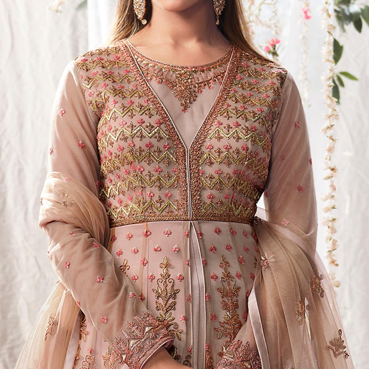 Brown Partywear Sequence Embroidered Net Gown - Peachmode