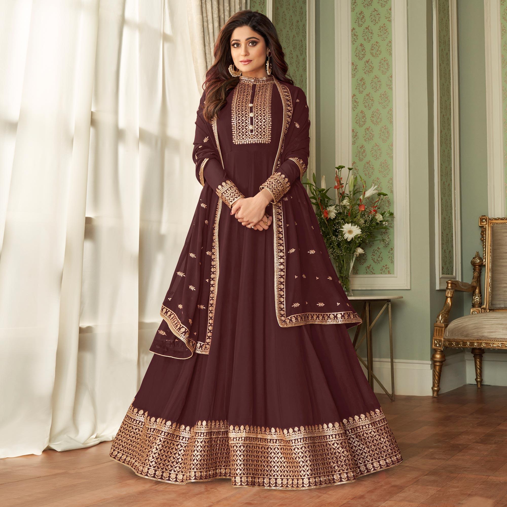 Brown Partywear Woven Georgette Anarkali Suit - Peachmode