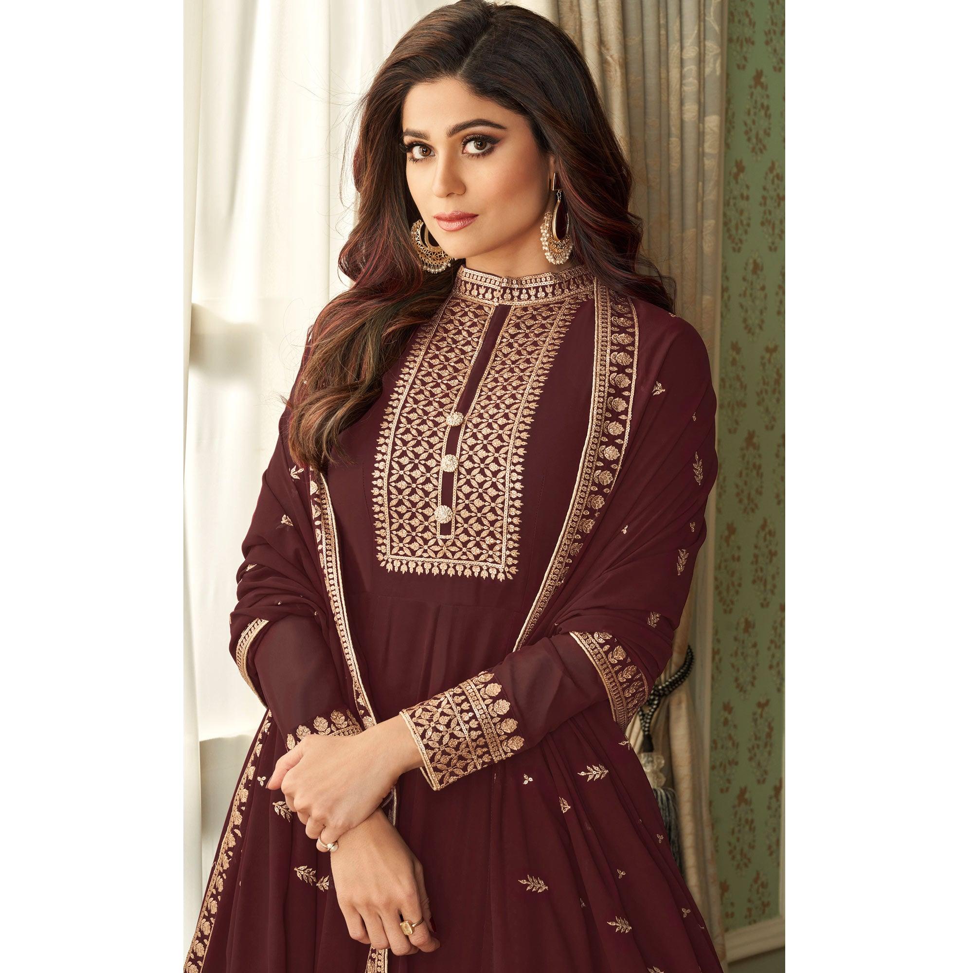 Brown Partywear Woven Georgette Anarkali Suit - Peachmode