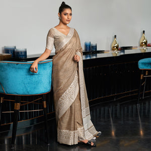 Brown Partywear Woven Linen Saree - Peachmode