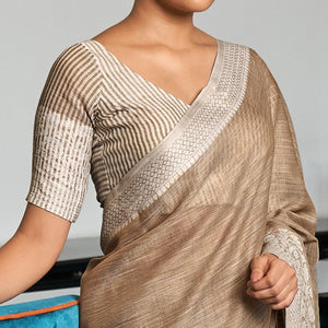 Brown Partywear Woven Linen Saree - Peachmode