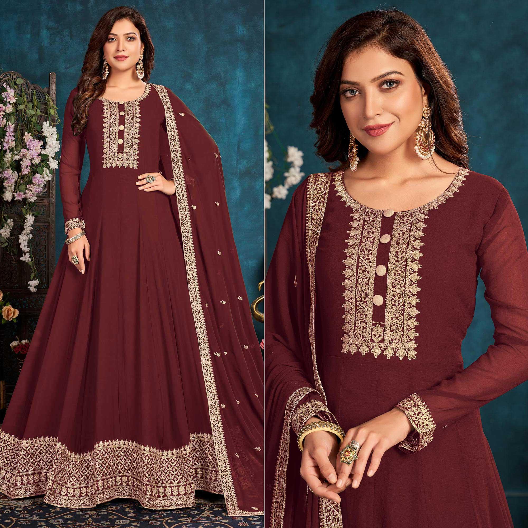 Brown Partywear Zari Embroidered Faux Georgette Anarkali Suit - Peachmode