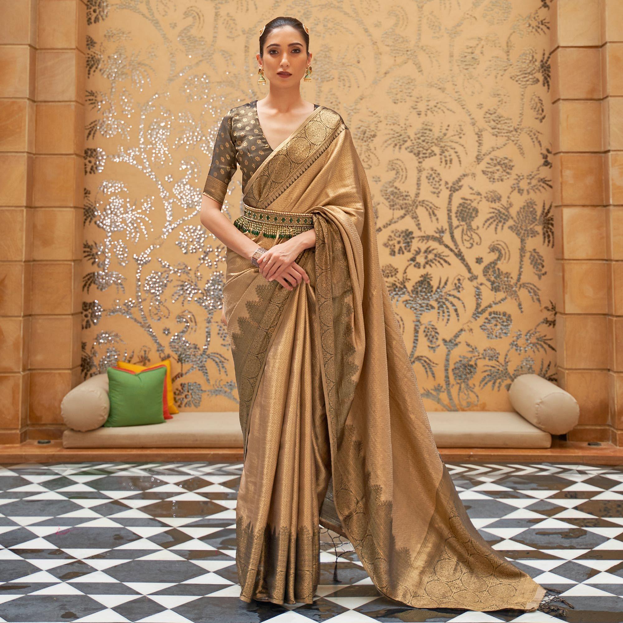 Brown Partywear Zari Woven Pure Silk Saree - Peachmode