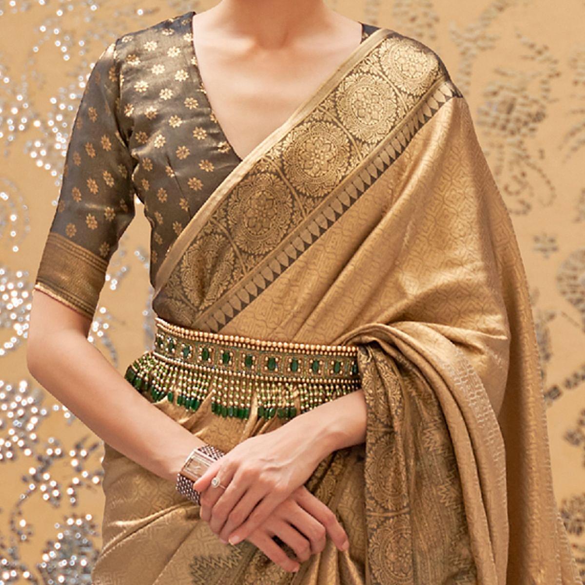Brown Partywear Zari Woven Pure Silk Saree - Peachmode