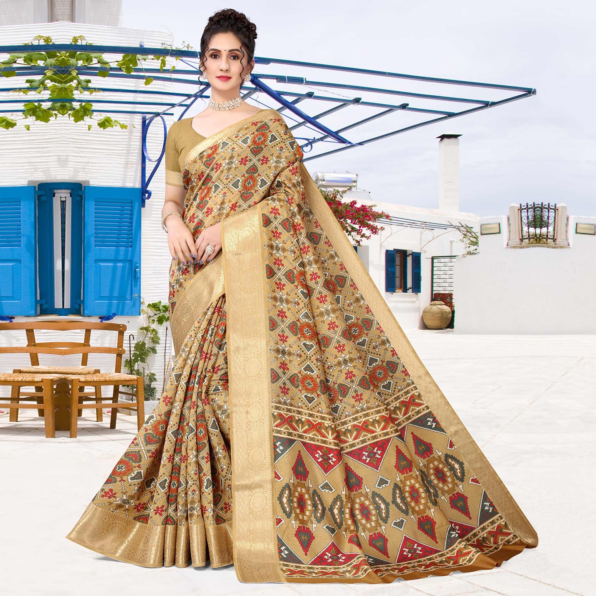Brown Patola Printed Dola Silk Saree - Peachmode