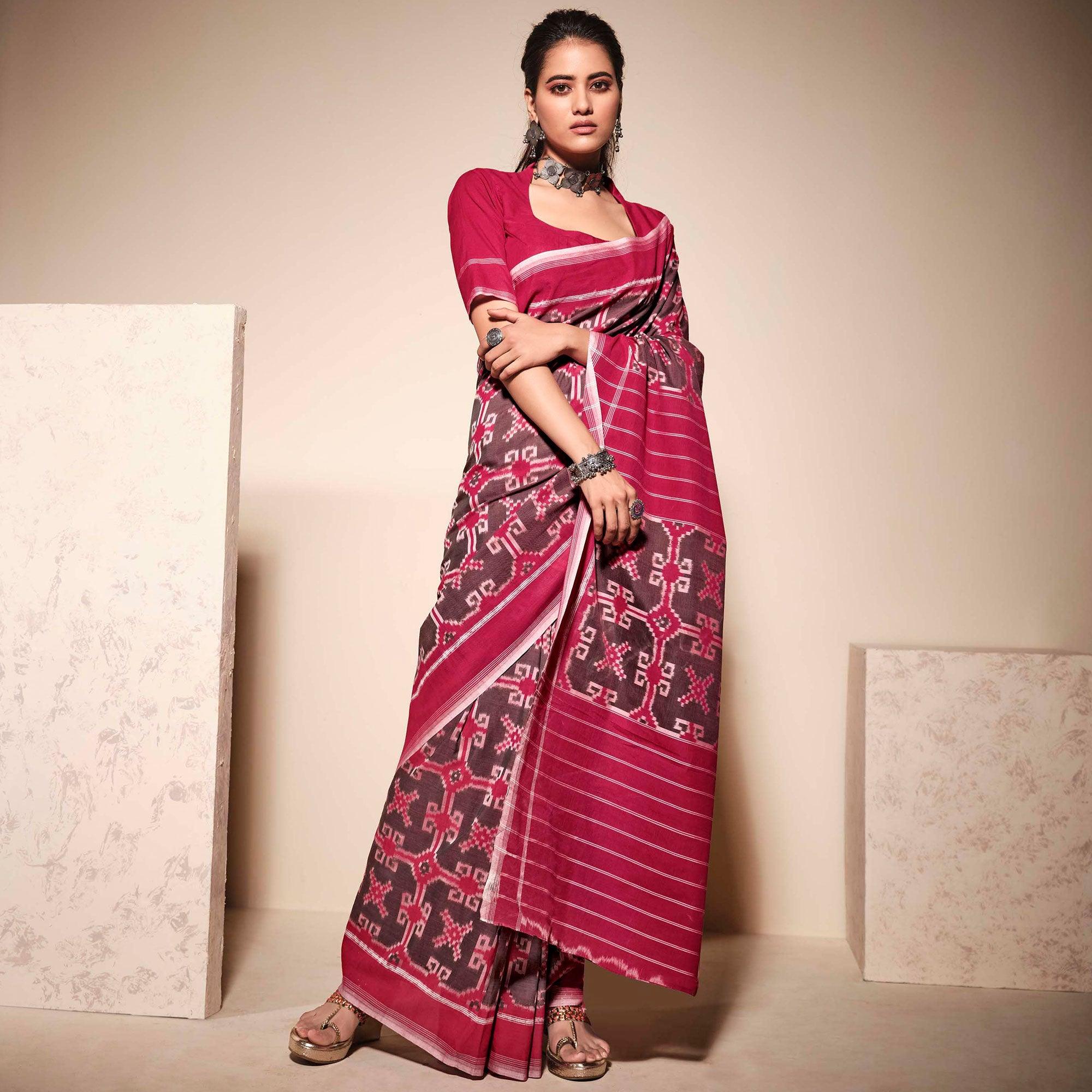 Brown-Pink Casual Wear Ikkat Printed Mul Mul Cotton Saree - Peachmode