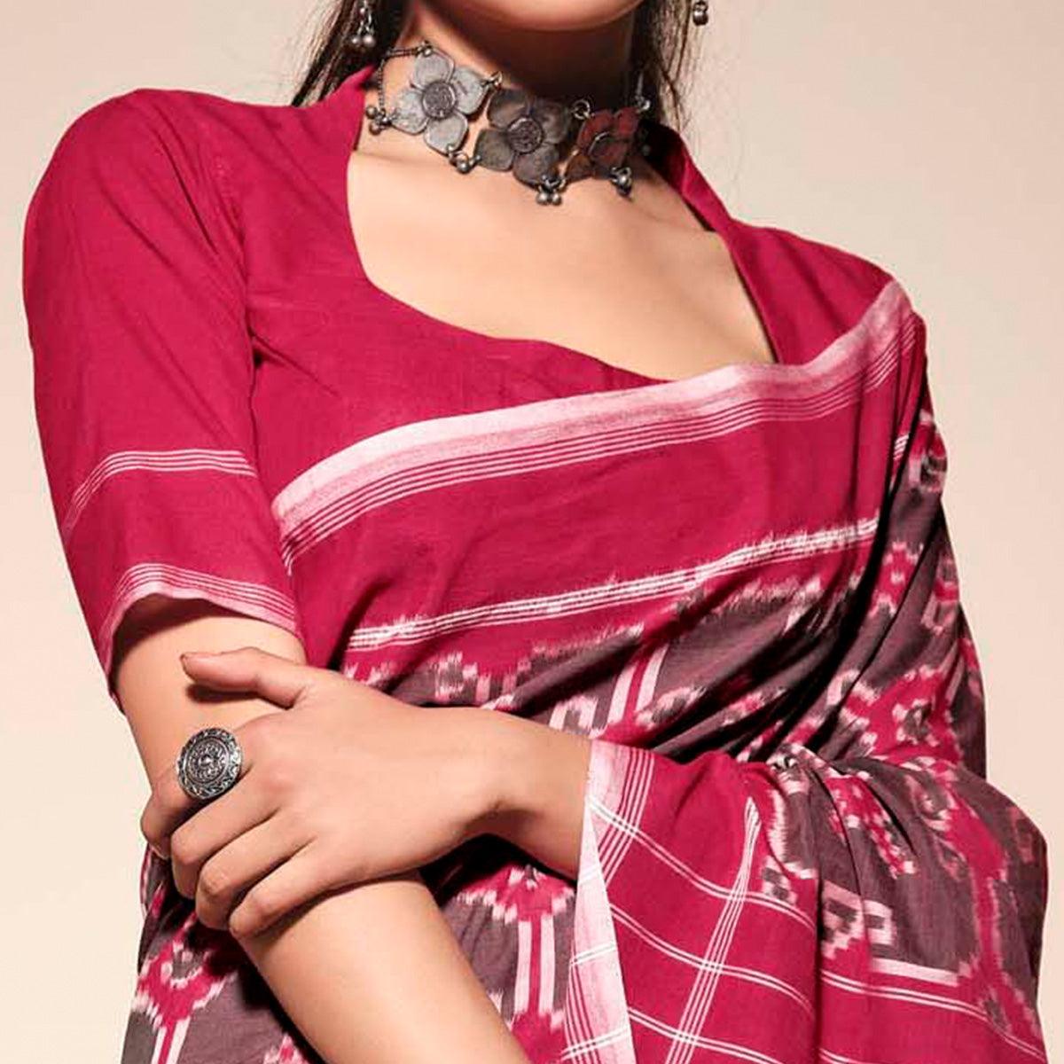 Brown-Pink Casual Wear Ikkat Printed Mul Mul Cotton Saree - Peachmode