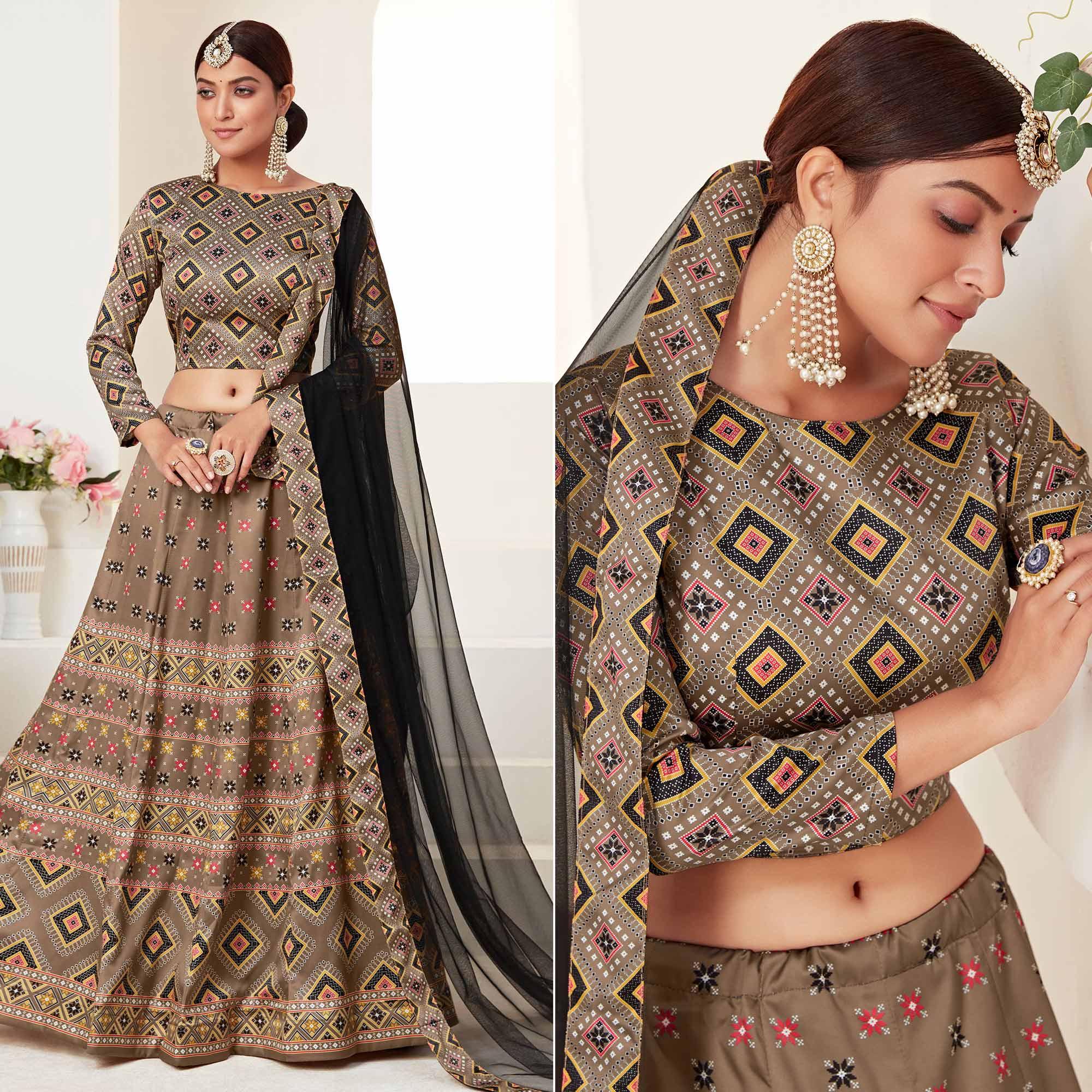 Brown Printed Art Silk Lehenga Choli - Peachmode