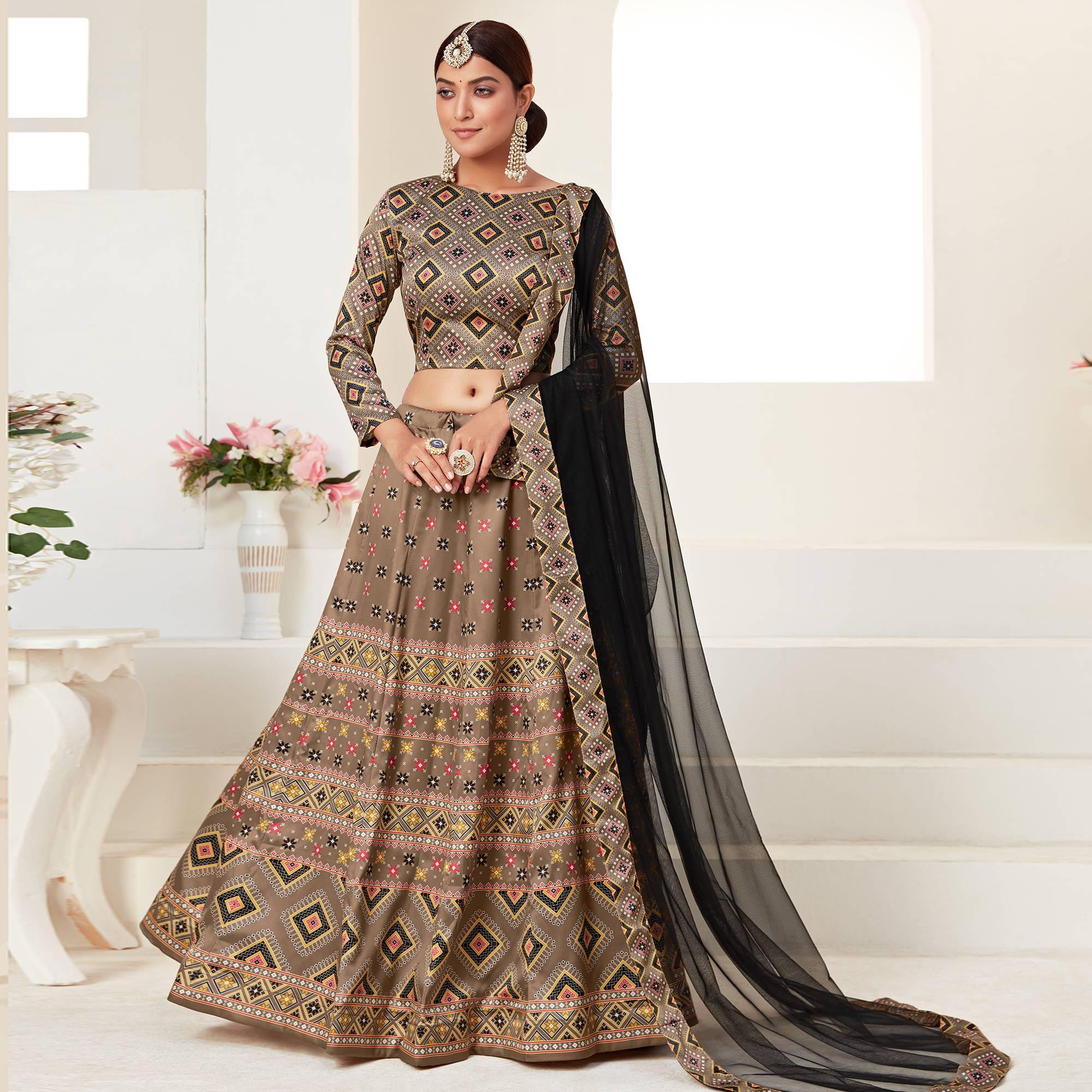 Brown Printed Art Silk Lehenga Choli - Peachmode