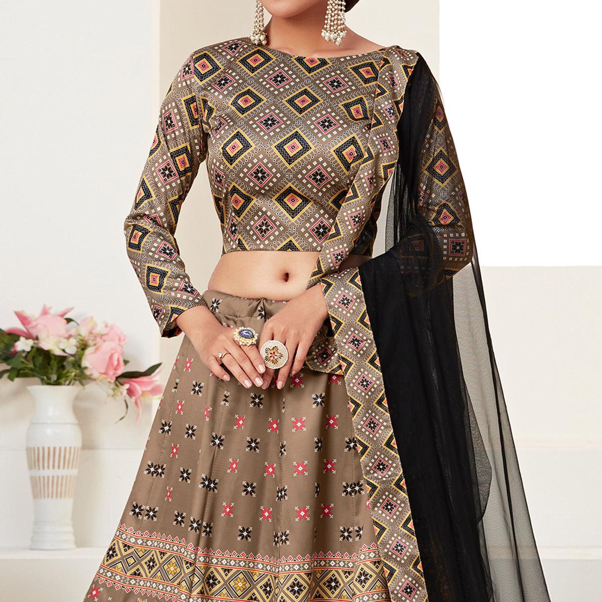Brown Printed Art Silk Lehenga Choli - Peachmode