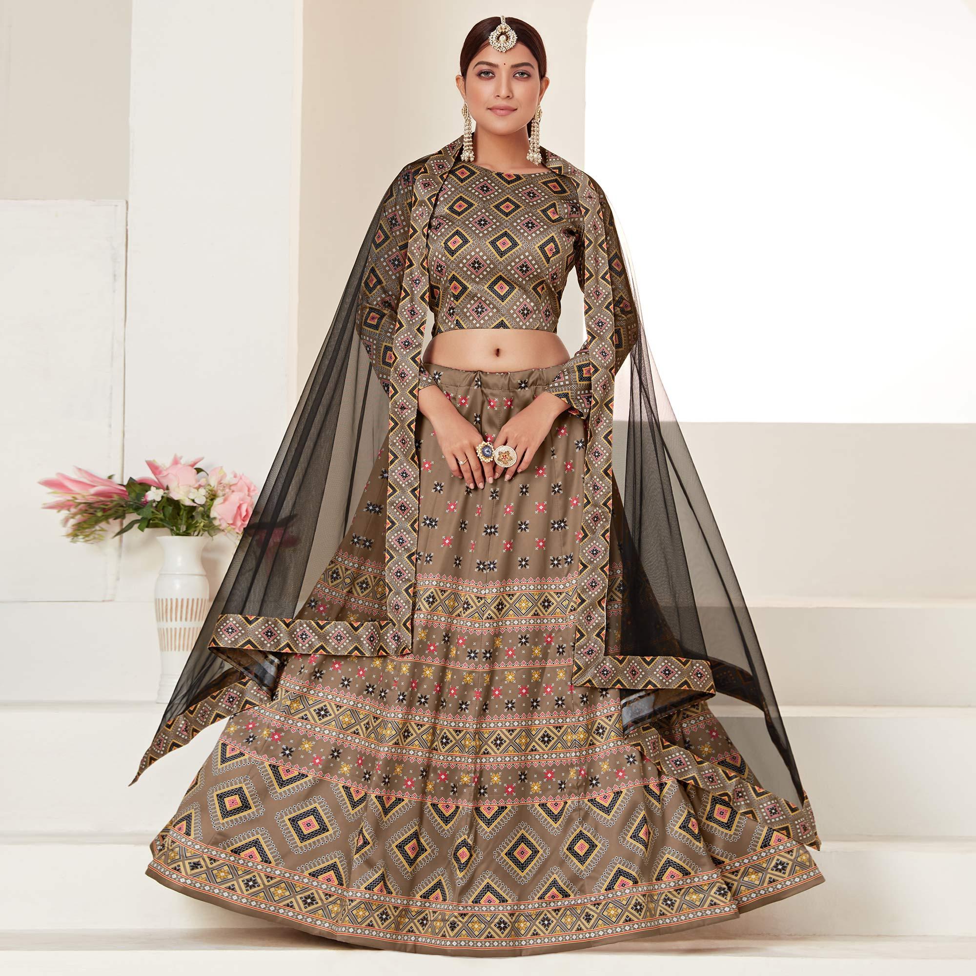 Brown Printed Art Silk Lehenga Choli - Peachmode