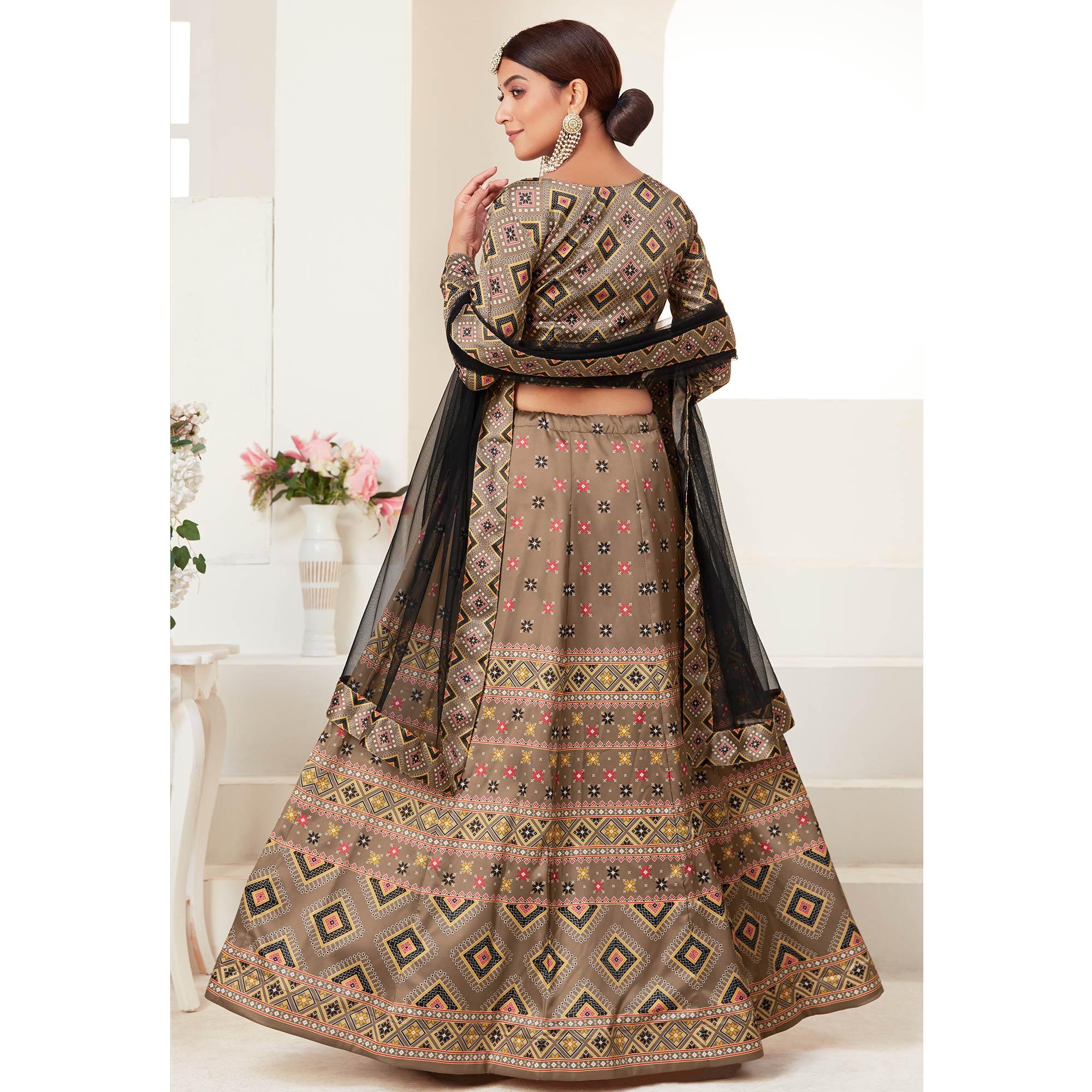 Brown Printed Art Silk Lehenga Choli - Peachmode