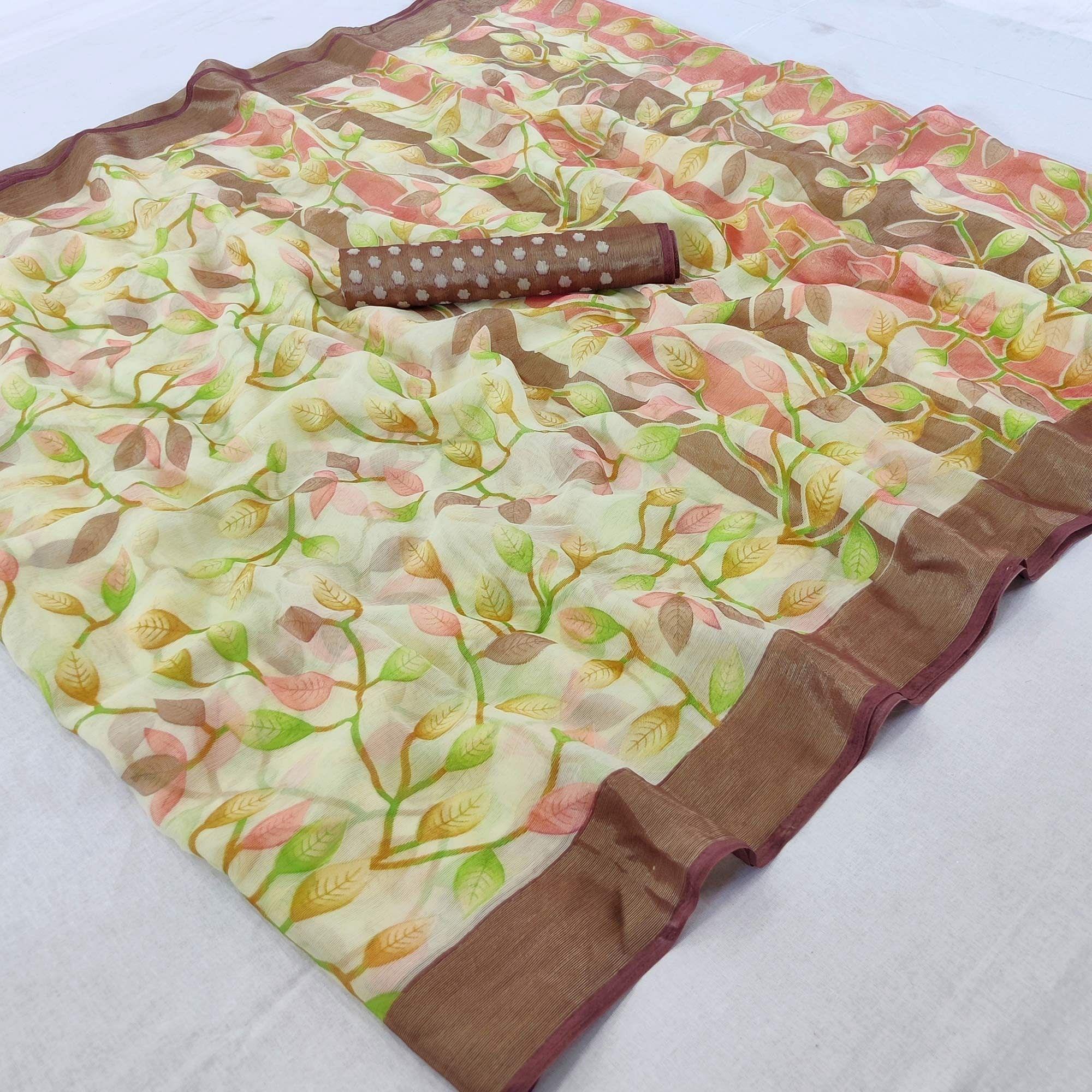 Brown Printed Chiffon Saree - Peachmode