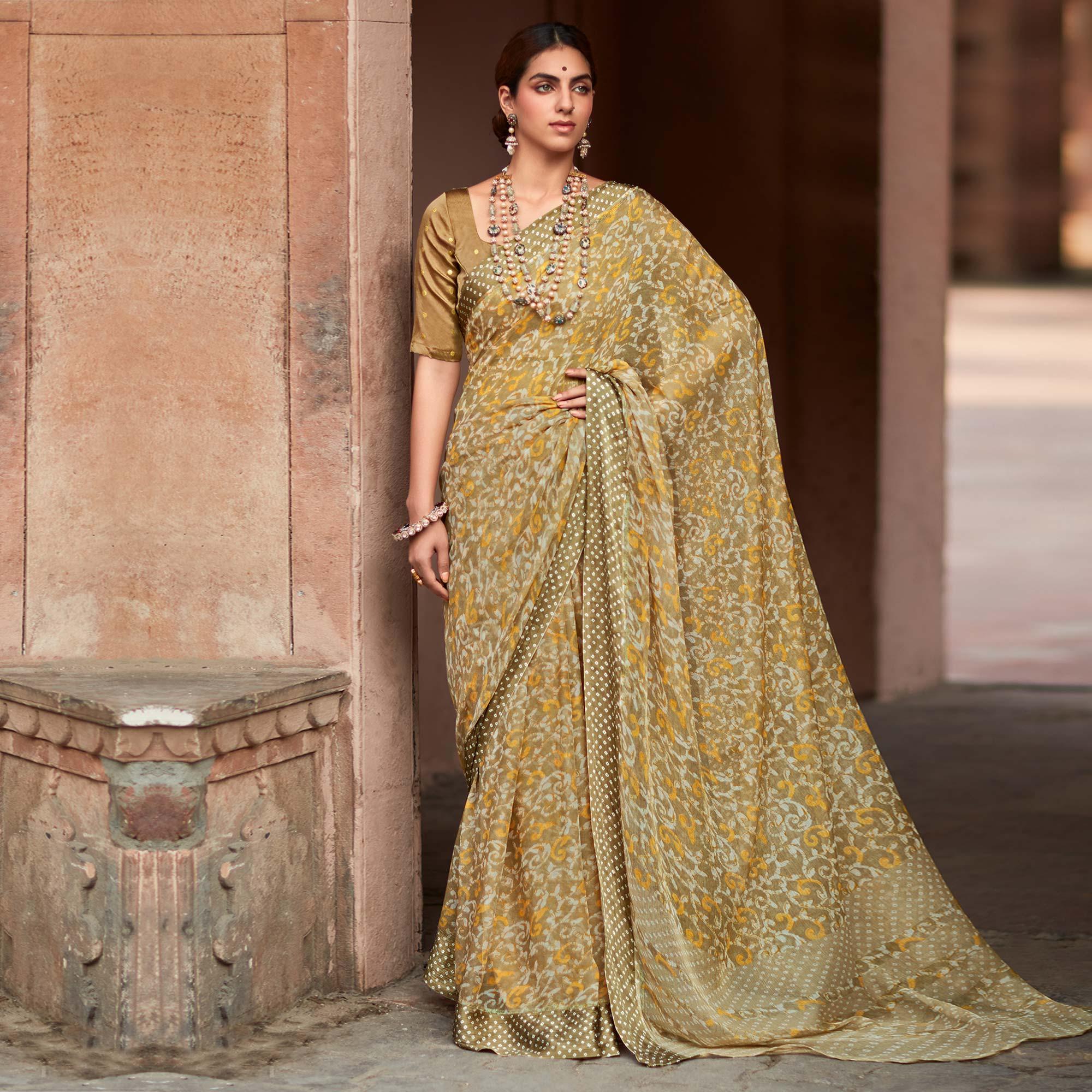 Brown Printed Chiffon Saree - Peachmode