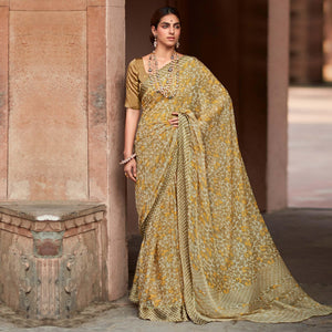 Brown Printed Chiffon Saree - Peachmode