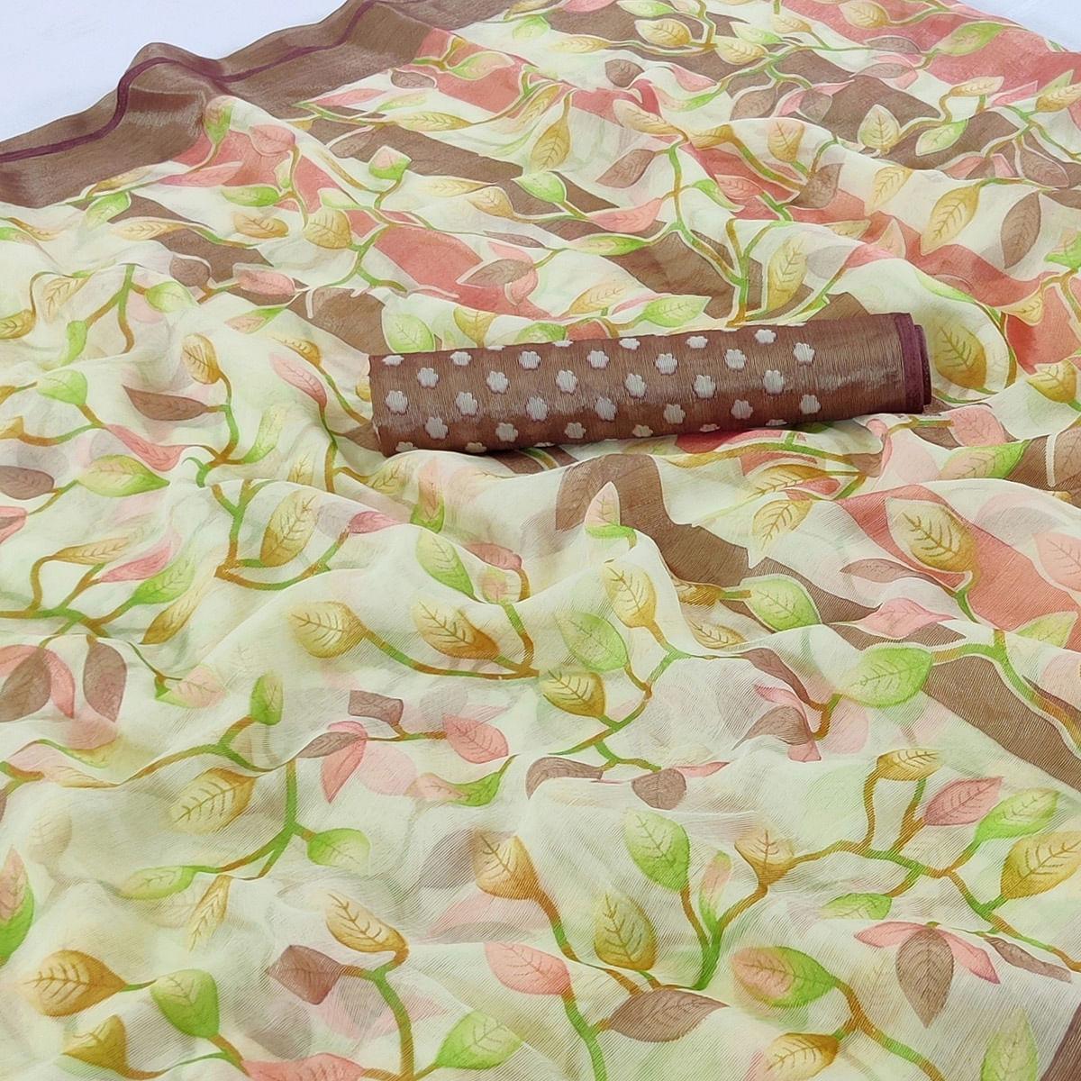 Brown Printed Chiffon Saree - Peachmode