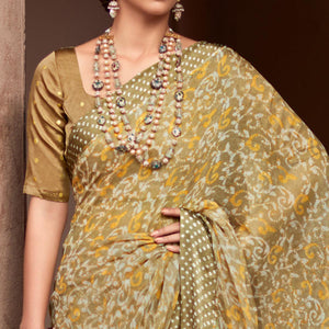 Brown Printed Chiffon Saree - Peachmode
