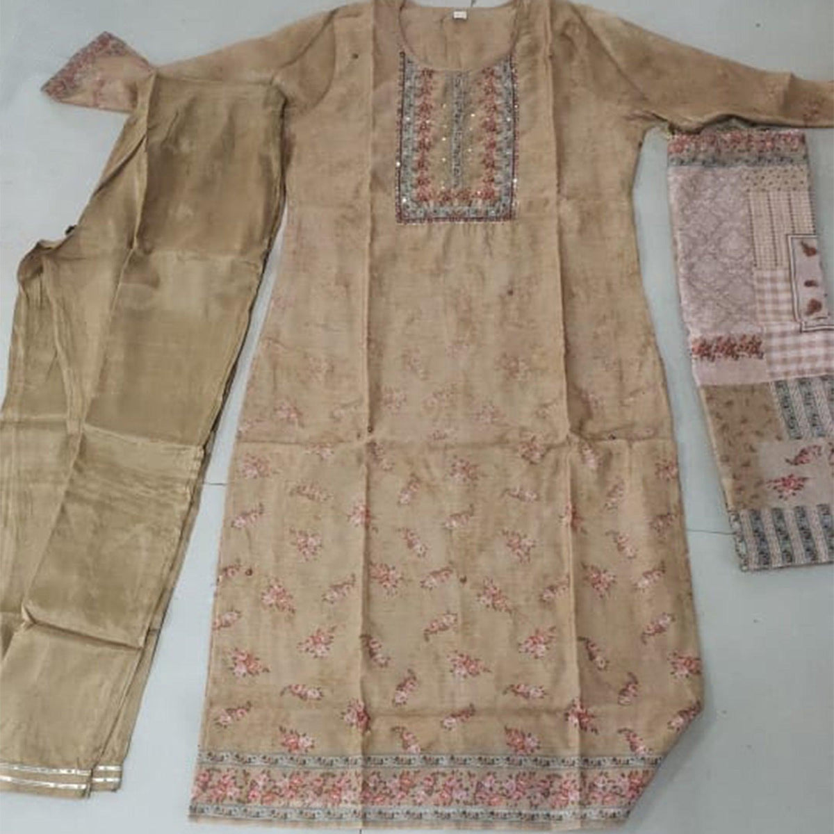 Brown Printed Cotton Silk Kurti Pant Set With Dupatta - Peachmode
