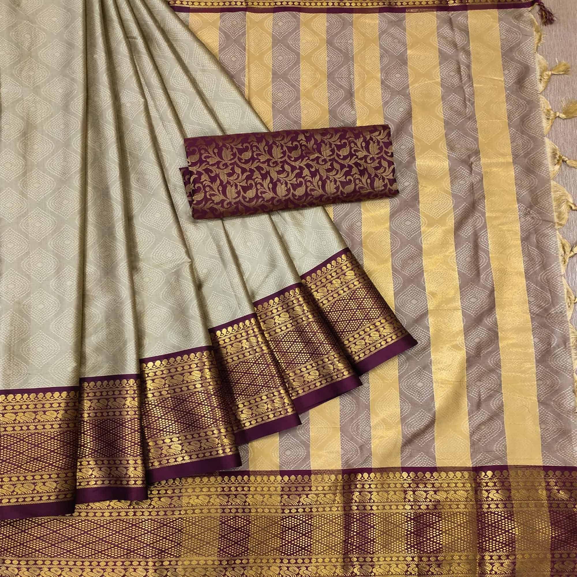 Brown Printed Cotton Silk Saree - Peachmode