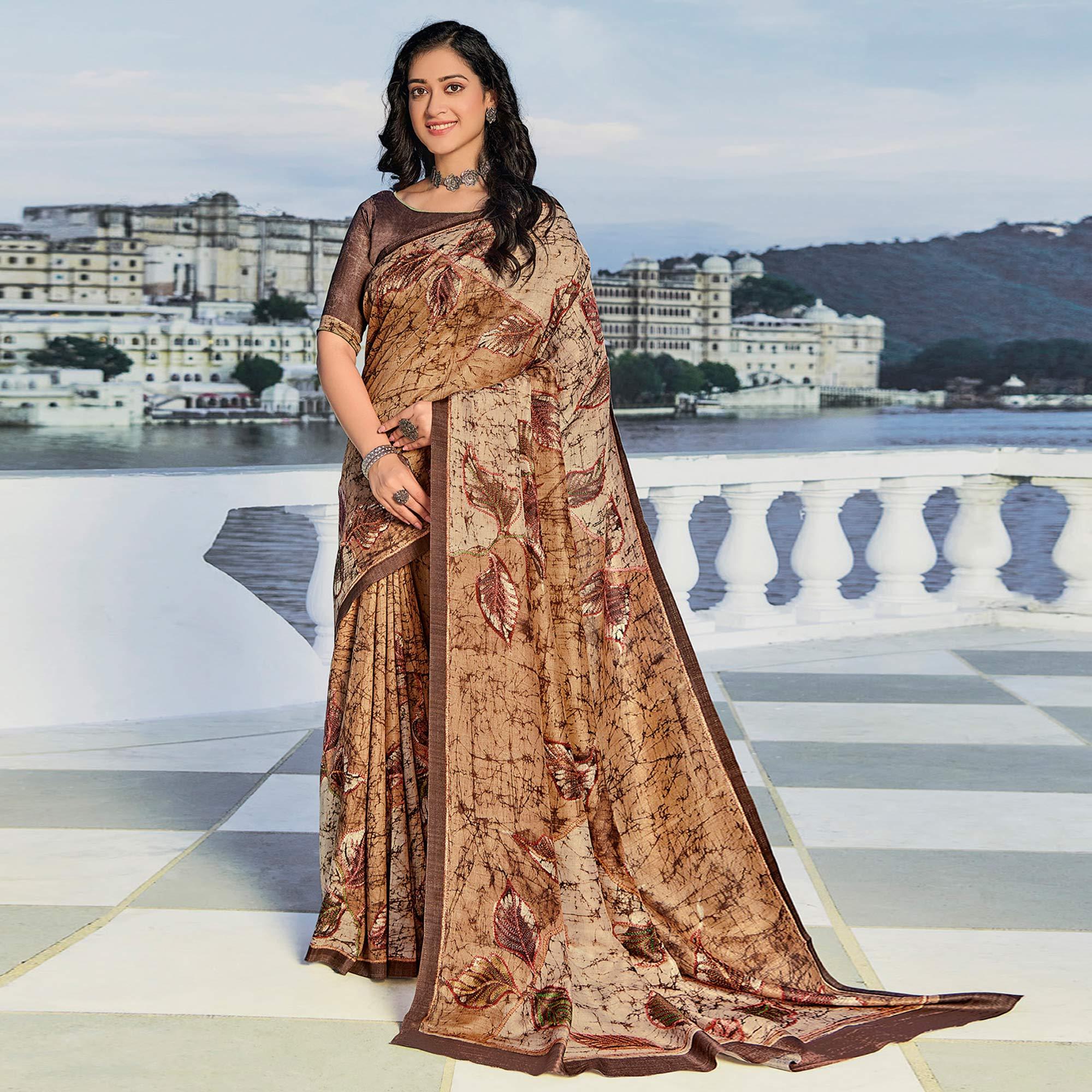 Brown Printed Cotton Silk Saree - Peachmode