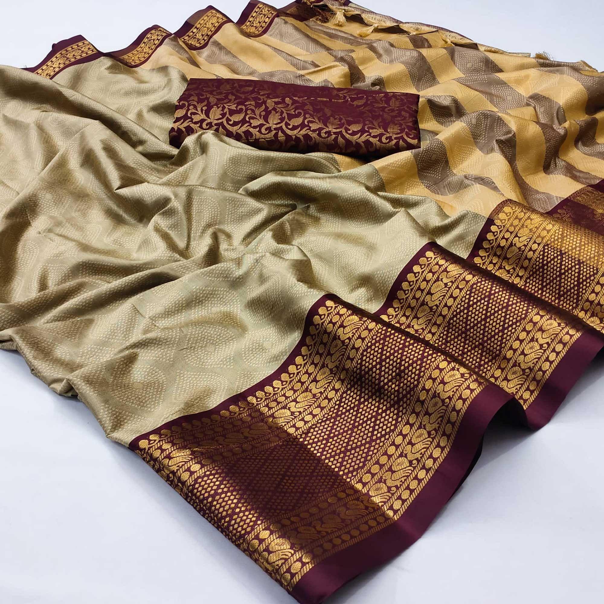 Brown Printed Cotton Silk Saree - Peachmode