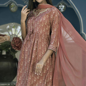Brown Printed Cotton Silk Sharara Set With Dupatta - Peachmode