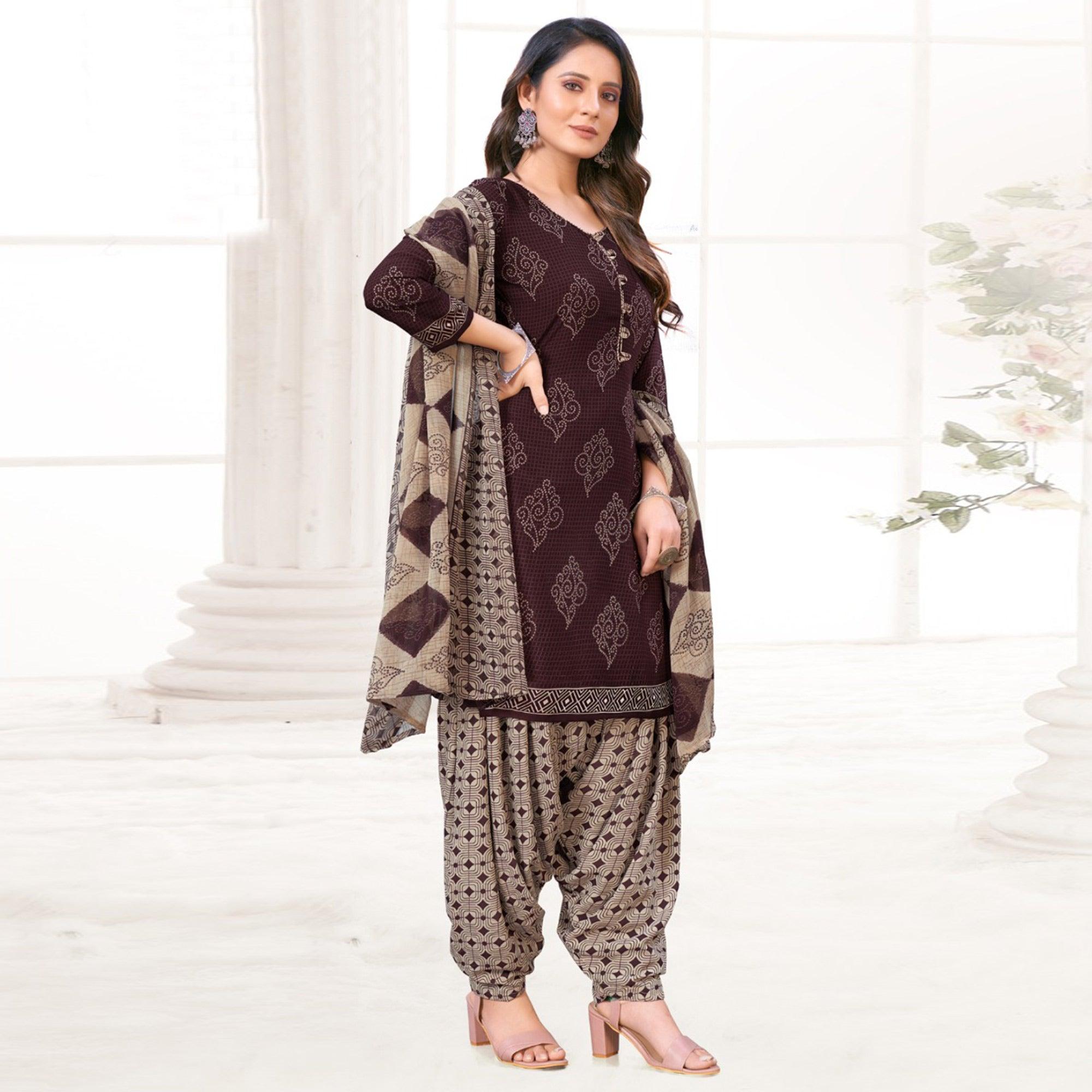 Brown Printed Crepe Patiala Dress Material - Peachmode