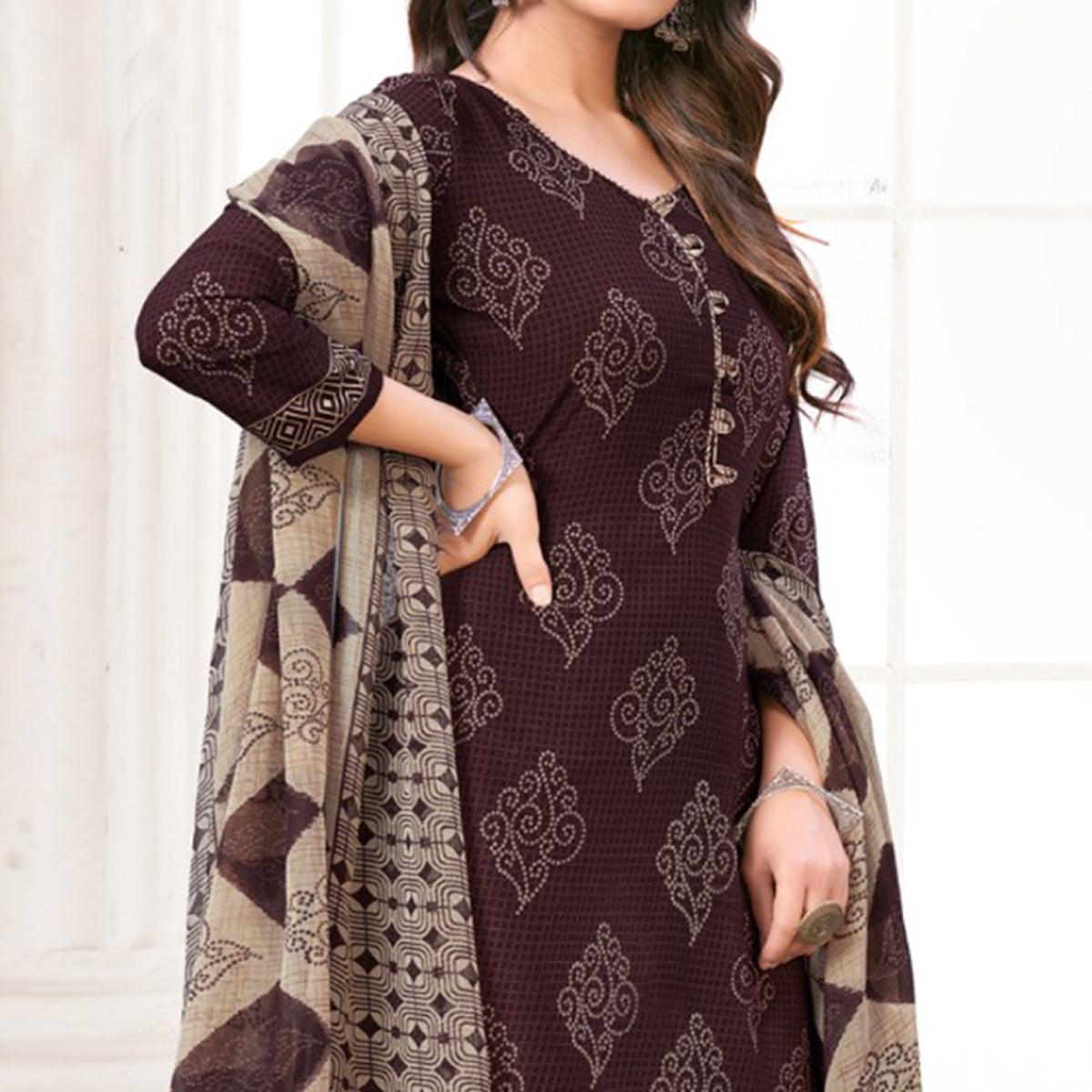 Brown Printed Crepe Patiala Dress Material - Peachmode