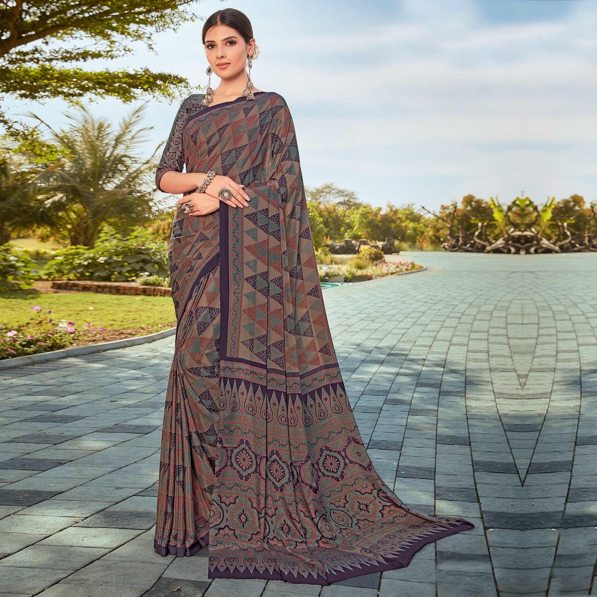 Brown Printed Crepe Saree - Peachmode