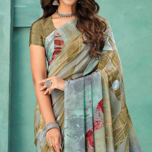 Brown Printed Crepe Saree - Peachmode