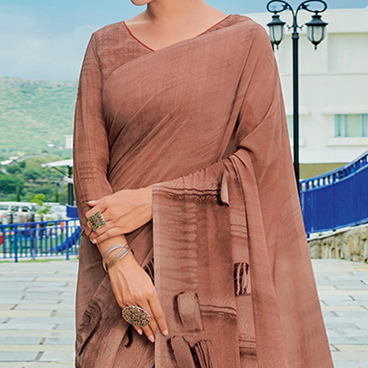 Brown Printed Georgette Saree - Peachmode