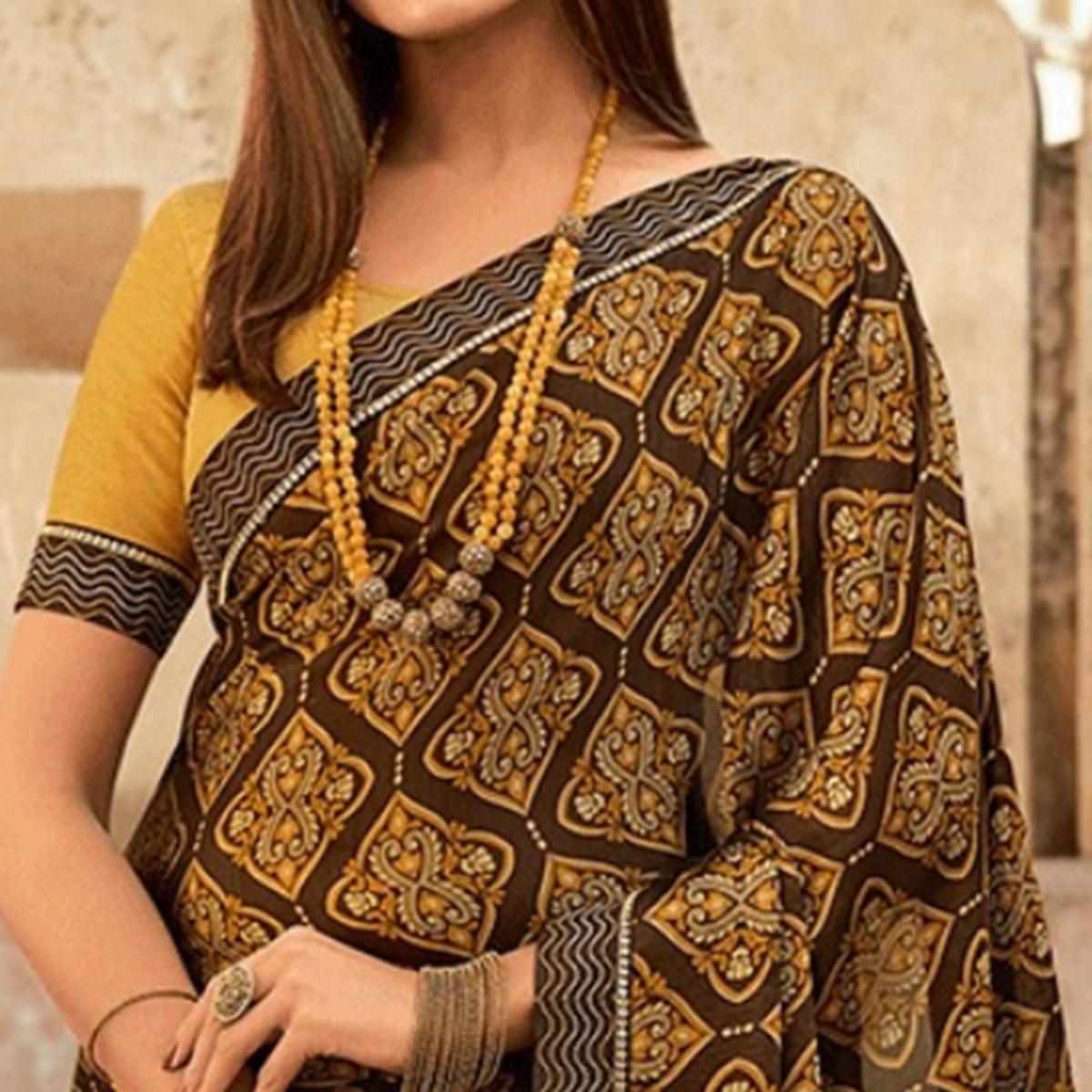 Brown Printed Georgette Saree - Peachmode