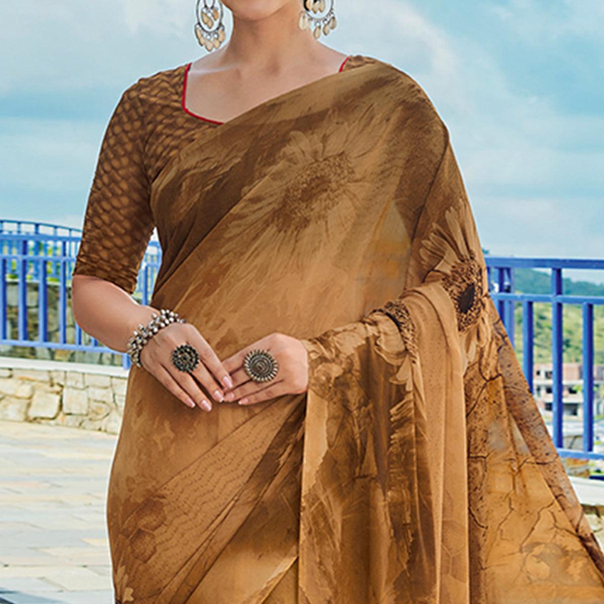 Brown Printed Georgette Saree - Peachmode