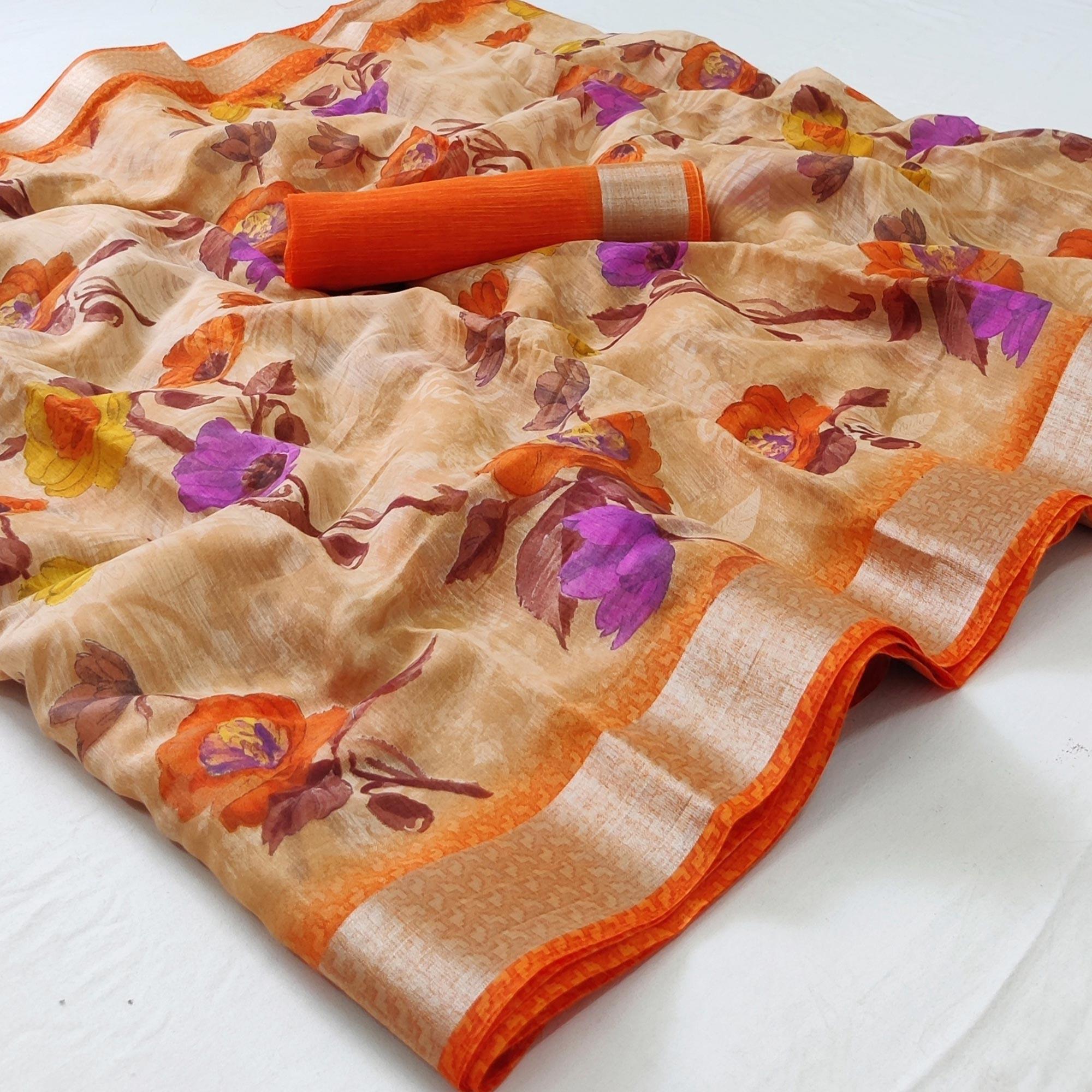 Brown Printed Linen Saree - Peachmode
