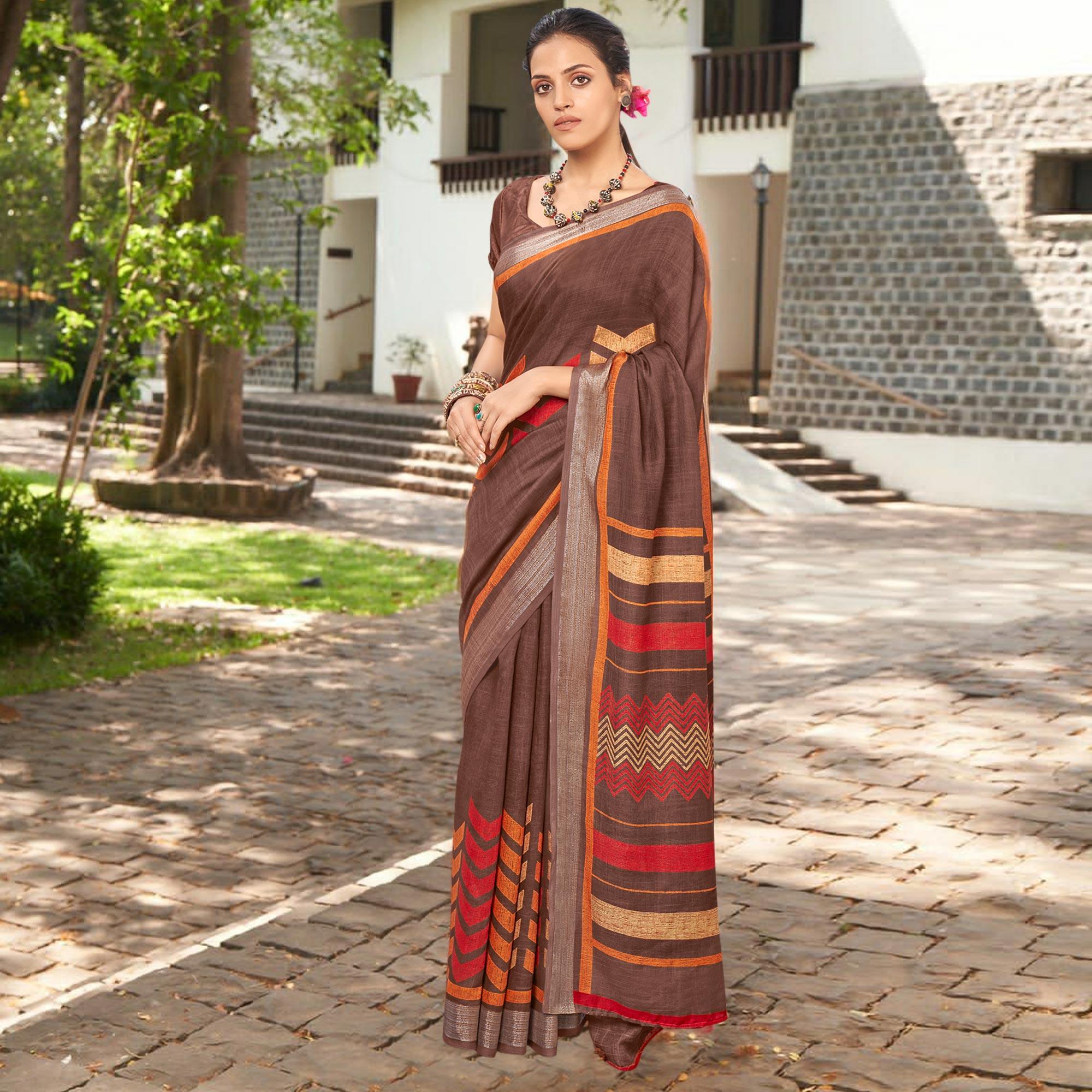 Brown Printed Linen Saree - Peachmode