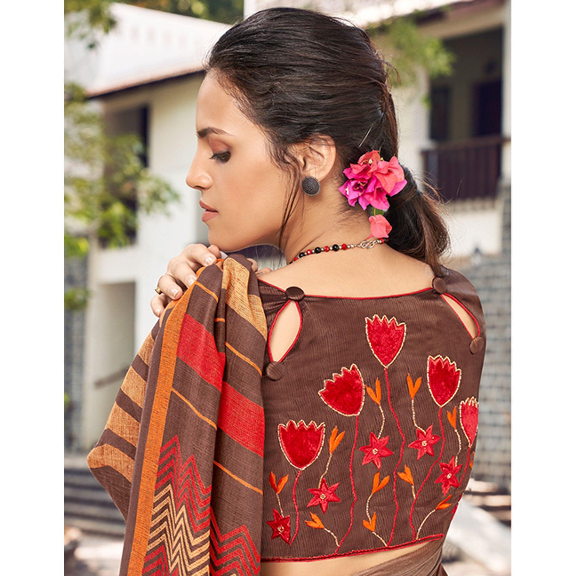 Brown Printed Linen Saree - Peachmode