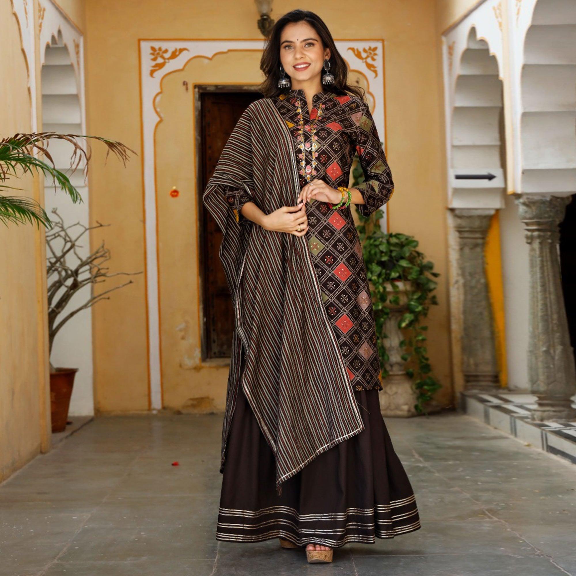 Brown Printed Muslin Sharara Suit - Peachmode