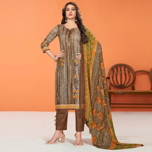 Brown Printed Poly Cotton Dress Material - Peachmode