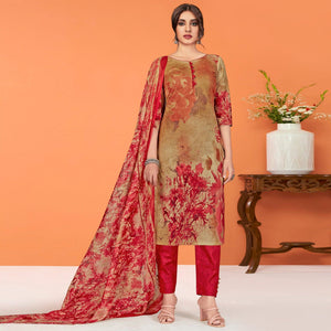Brown Printed Poly Cotton Dress Material - Peachmode