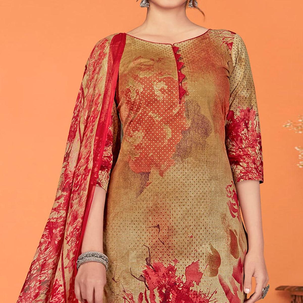 Brown Printed Poly Cotton Dress Material - Peachmode