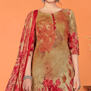 Brown Printed Poly Cotton Dress Material - Peachmode