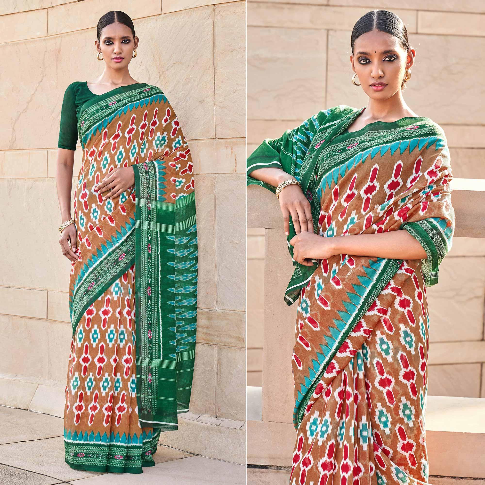 Brown Printed Poly Cotton Saree - Peachmode