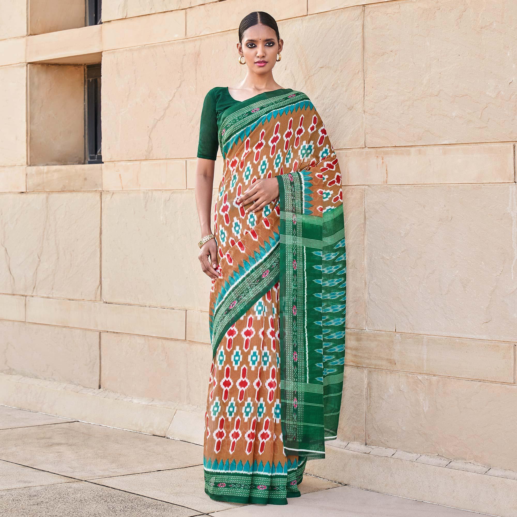 Brown Printed Poly Cotton Saree - Peachmode
